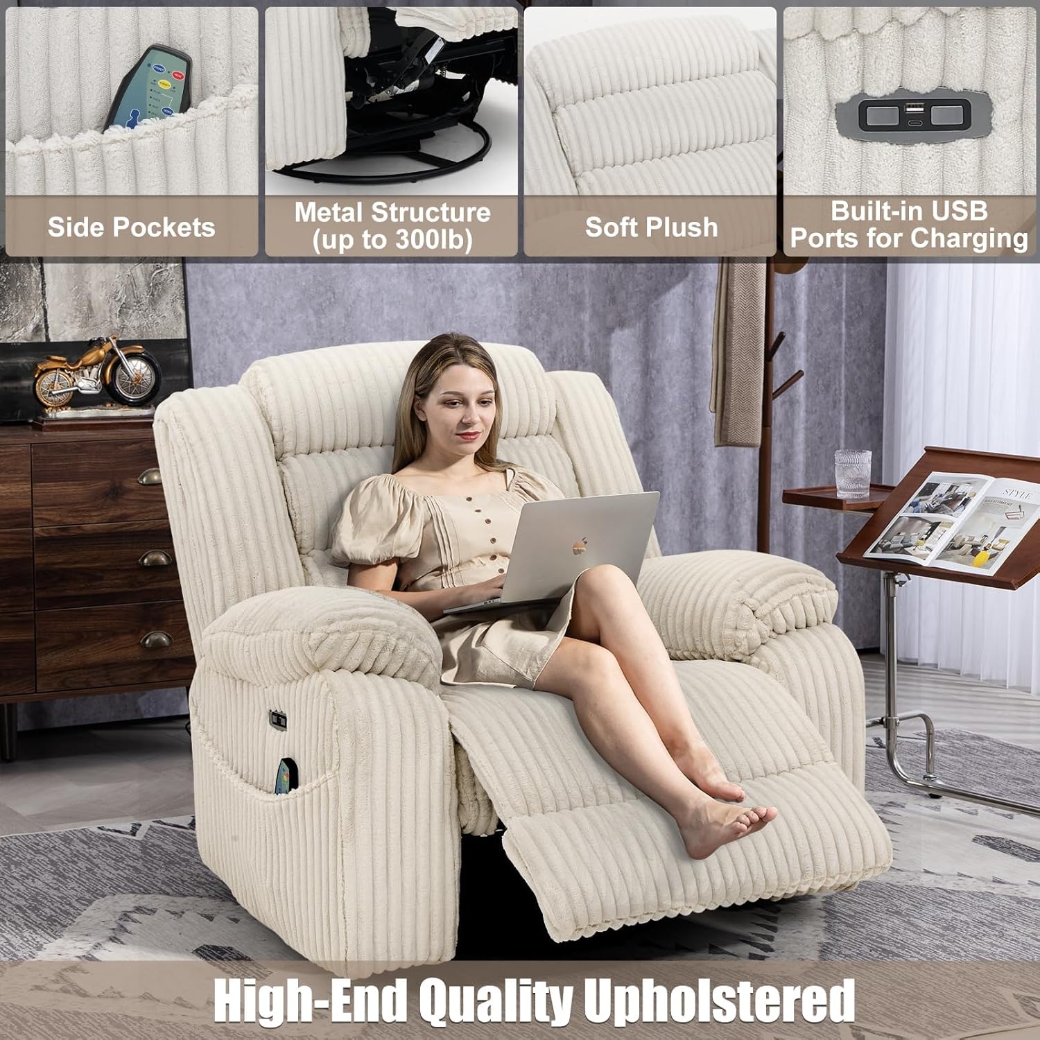Electric rotary rocker lounge chair for adults with massage and calories, USB and C charging ports wourant