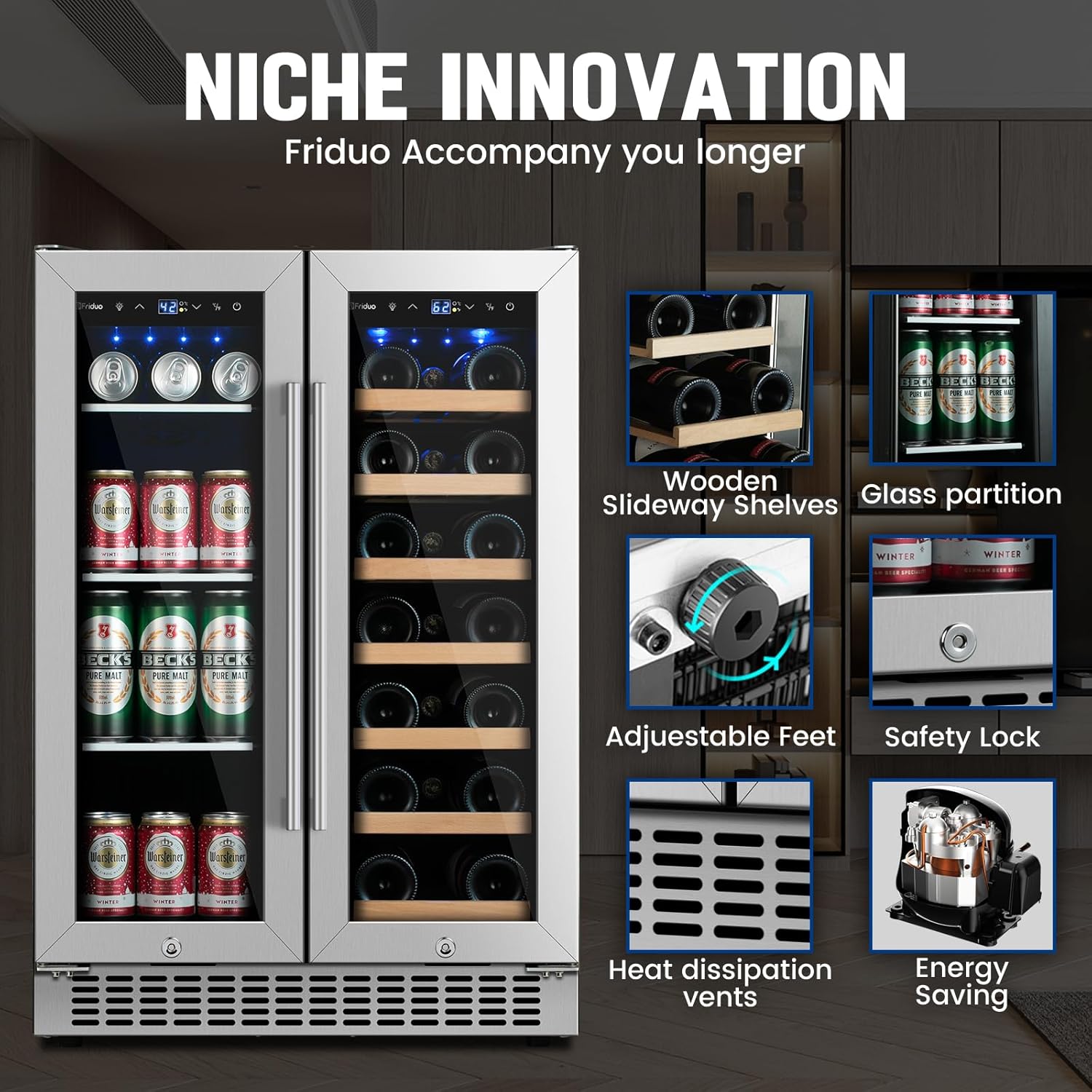 24 inch Dual Zone Beverage Refrigerator, 30 Bottles & 82 Cans Wine Fridge Built-in or Freestanding with Glass Door, Wine and Beverage Refrigerator Cooler for Kitchen Home Bar wourant