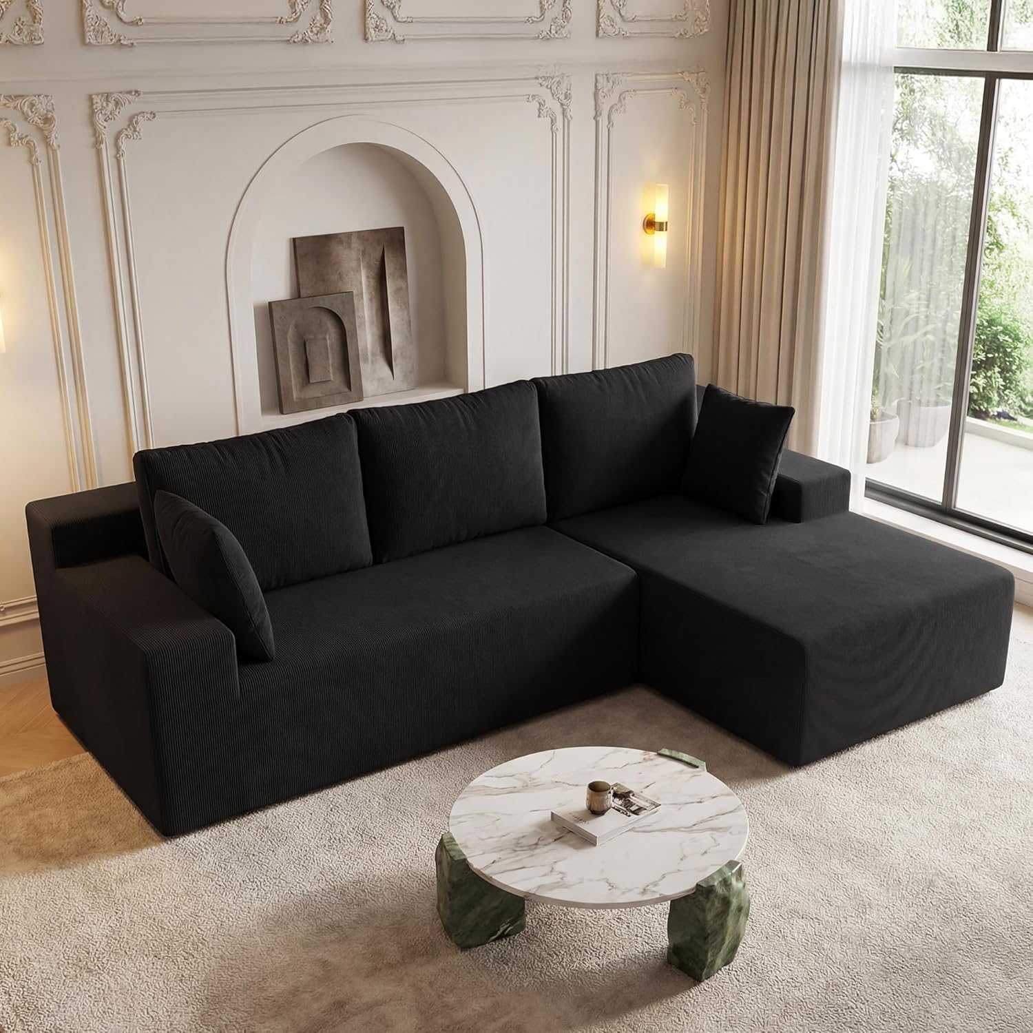 Cloud Sectional Boneless Couches for Living Room, Modular L Shaped Couch with Deep Seat Oversized Right Facing Chaise, Memory Foam Compressed Spineless 3 Seater Sofa for Apartment, Black | No Assembly Required, Deep Seat, Cat-Claw Resistant, High-Resilien wourant