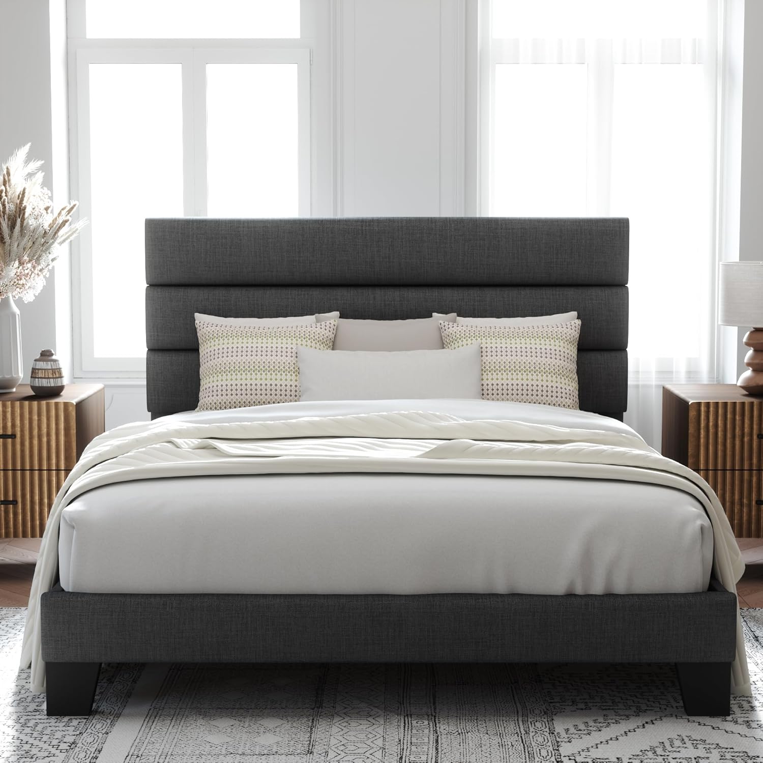 Allewie Queen Size Platform Bed Frame Fabric Upholstered Headboard Wooden Slats Support wourant