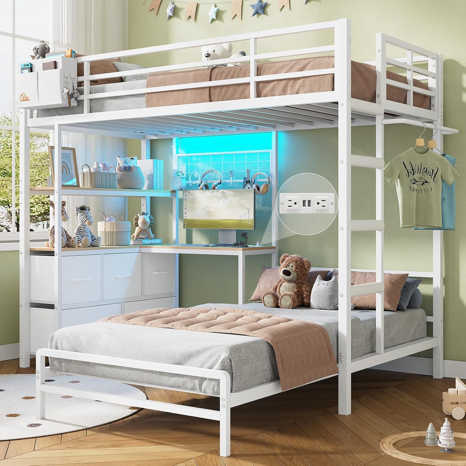 DICTAC Bunk Bed with L-Shaped Desk 5 Storage Drawers and 2 Shelves Metal Twin XL wourant