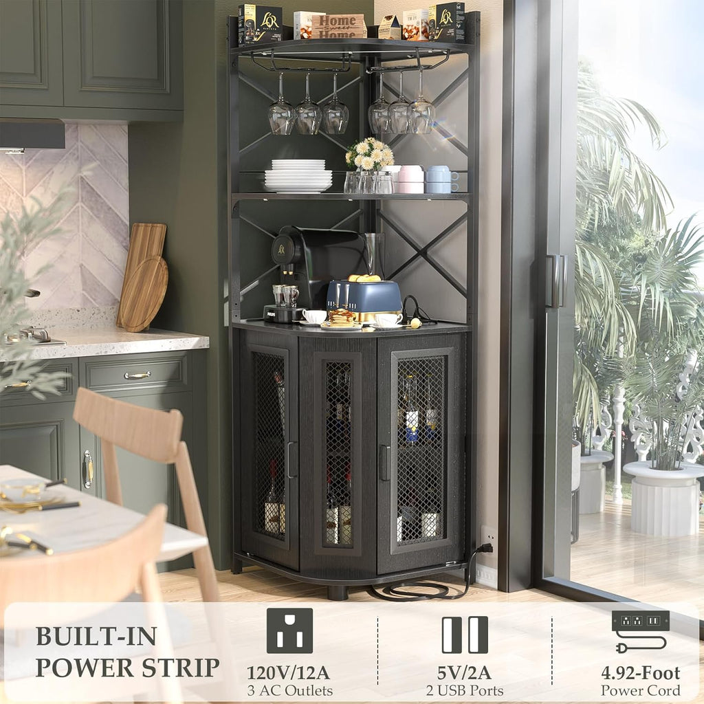 Aheaplus Corner Bar Cabinet with Power Outlet, Industrial Wine Cabinet with LED Strip and Glass Holder, 5-Tiers Liquor Cabinet Bar Unit for Home, Corner Display Cabinet for Small Space, White Oak wourant