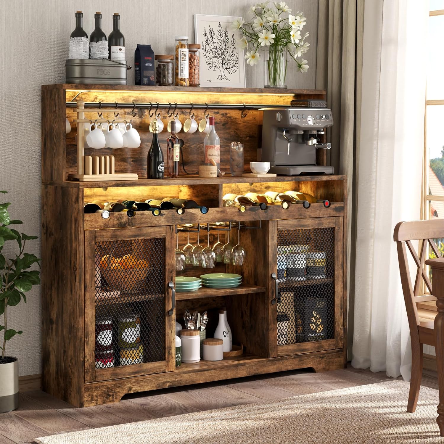 Wine Bar Cabinet with LED Light, Liquor Cabinet with Glass Holder, Coffee Bar for Liquor, Storage Buffet with Wine Racks, Wine Cabinet wourant