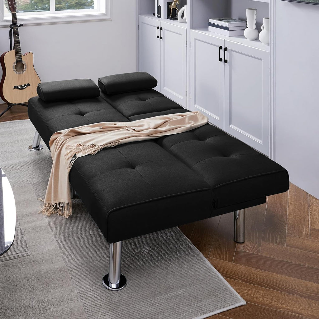 Yaheetech Convertible Sofa Bed Adjustable Couch Sleeper Modern Faux Leather Home Recliner Reversible Loveseat Folding Daybed Guest Bed, Removable Armrests, Cup Holders, 3 Angles, 772lb Capacity, Brown wourant