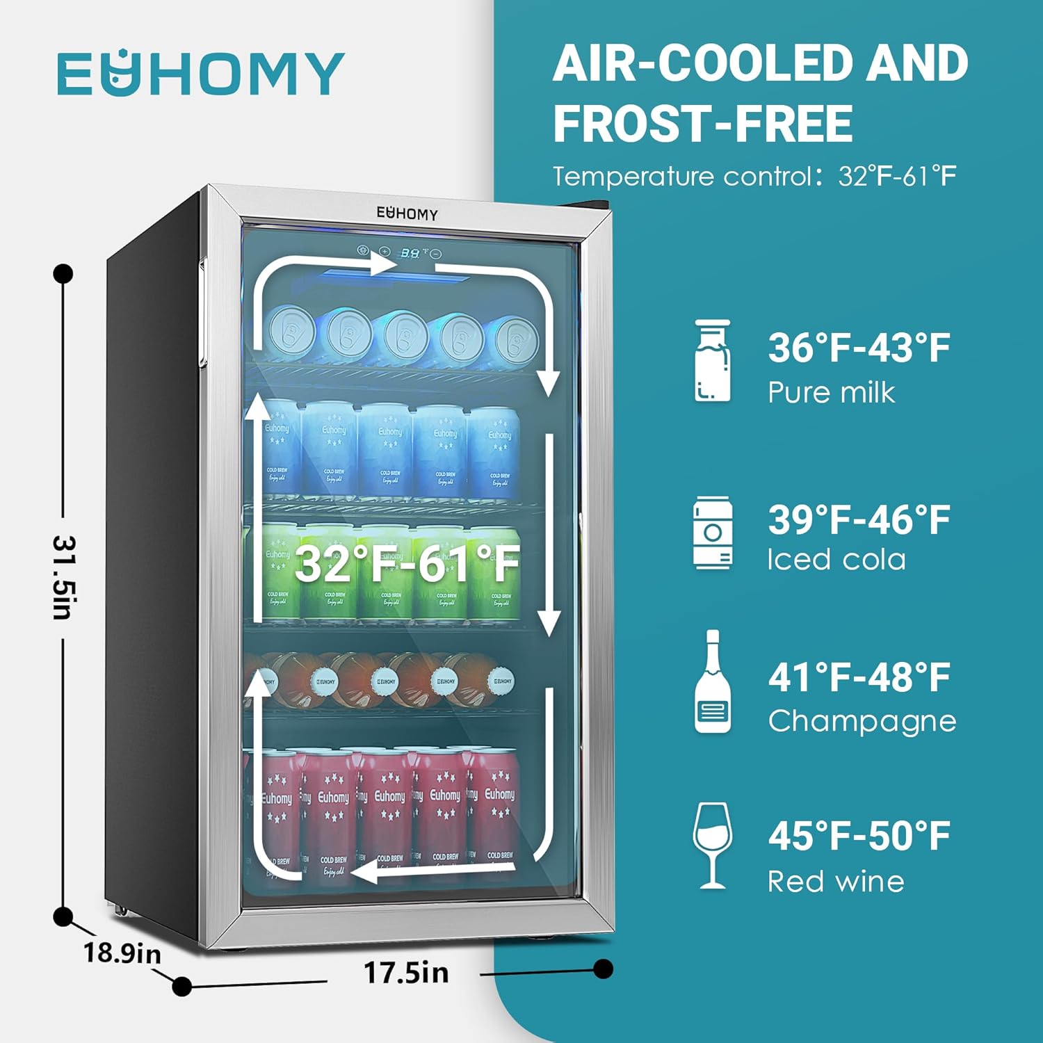 EUHOMY Beverage Refrigerator Cooler, 130 Can Mini Fridge with Glass Door for Soda Beer or Wine, Beverage Cooler for Home, Office, Bar with Adjustable Removable Shelves, Silver wourant