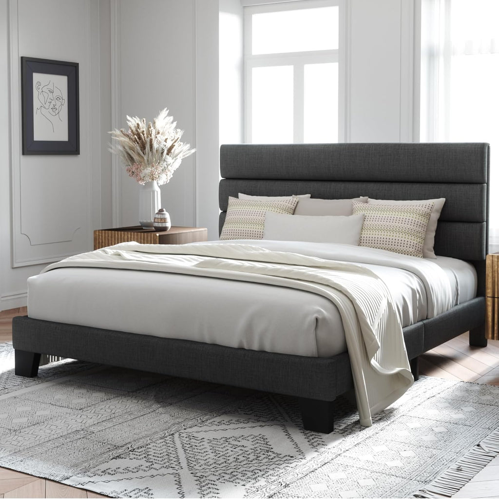 Allewie Queen Size Platform Bed Frame Fabric Upholstered Headboard Wooden Slats Support wourant