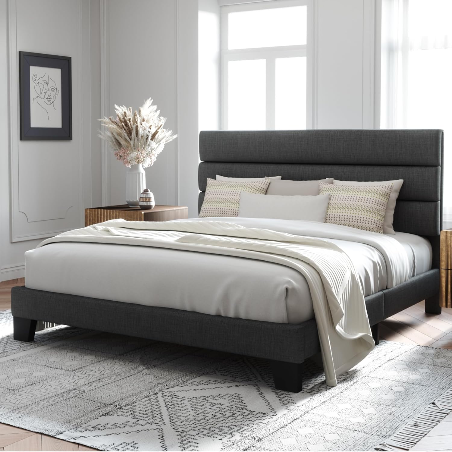Allewie Queen Size Platform Bed Frame Fabric Upholstered Headboard Wooden Slats Support wourant