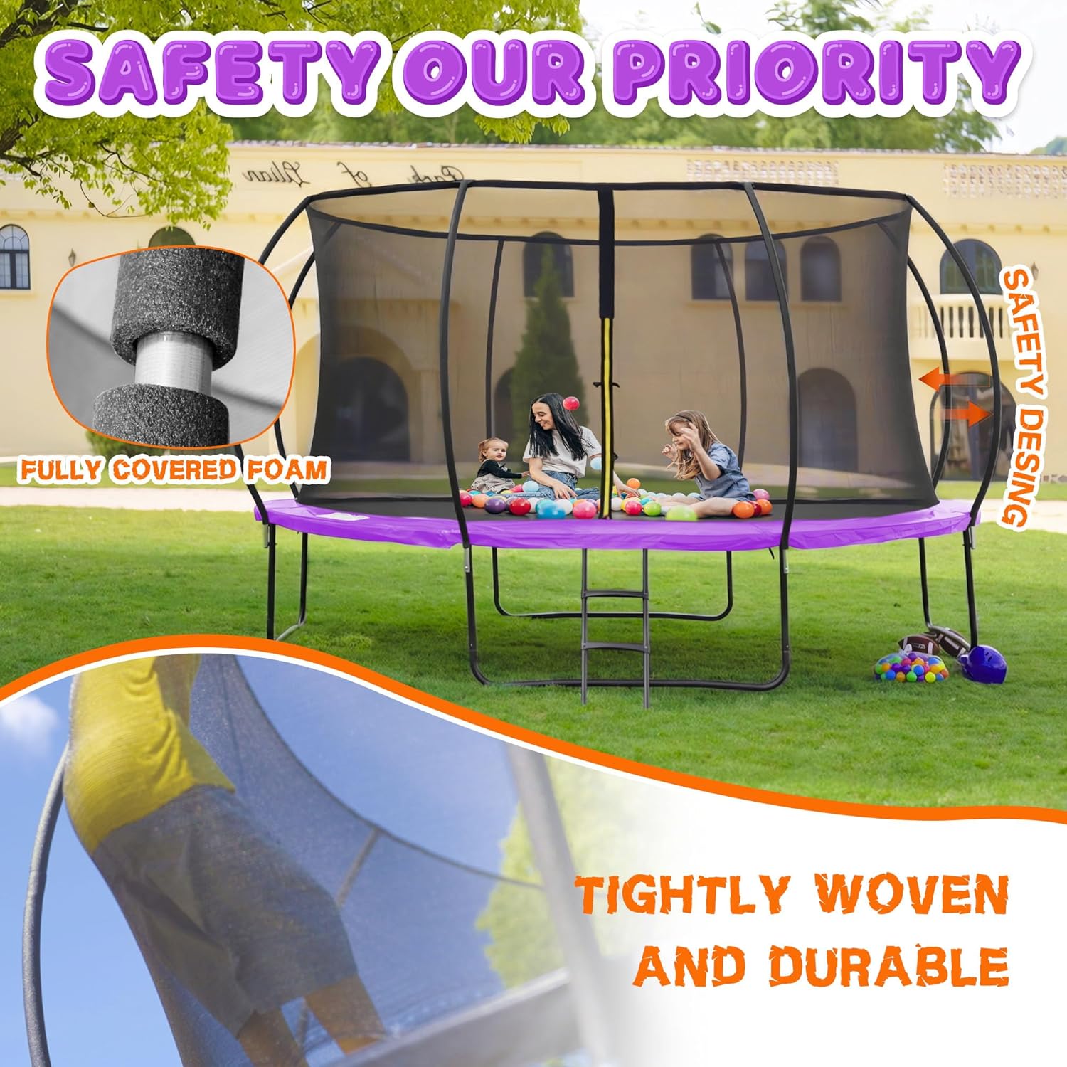 Trampoline 8FT 10FT 12FT 14FT 16FT, Recreational Trampolines with Enclosure Net and Ladder, Outdoor Anti-Rust Trampolines for Kids and Adults, ASTM Approved wourant