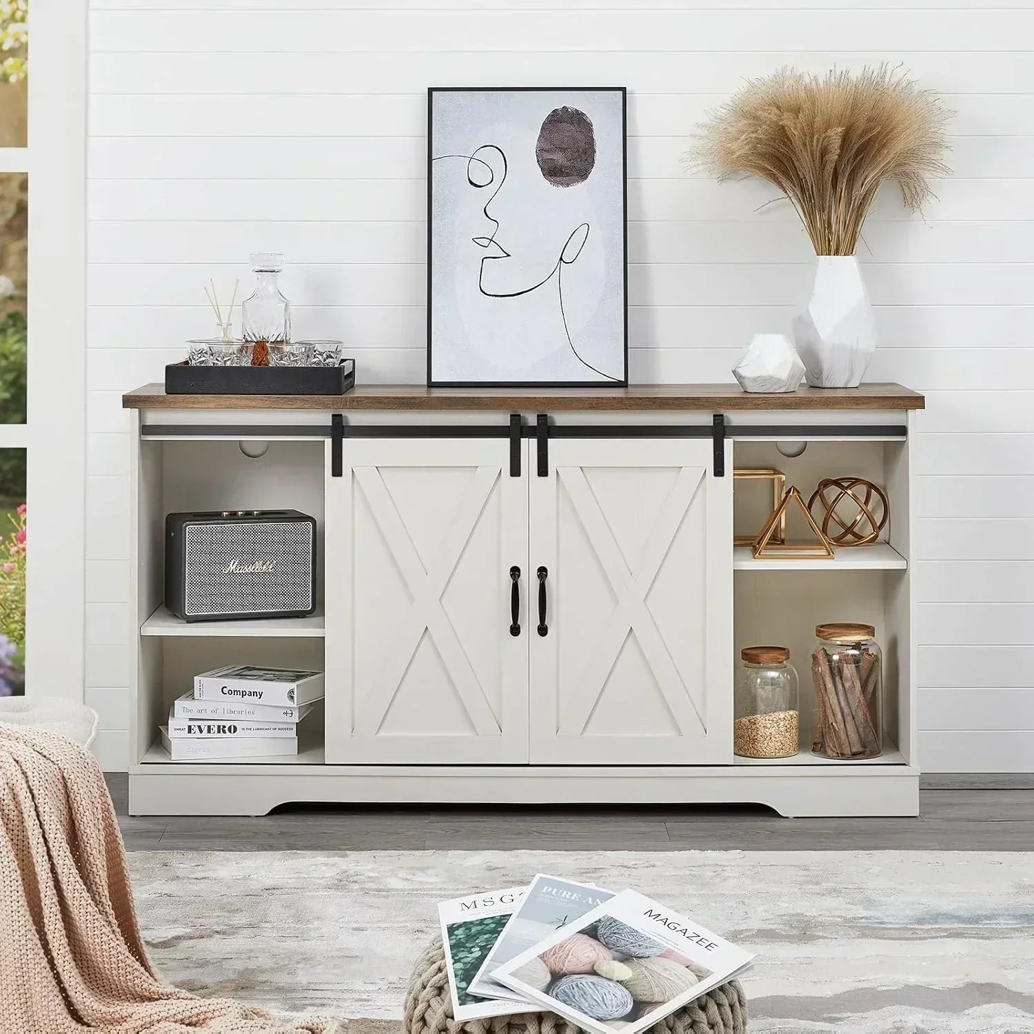 AMERLIFE Fireplace TV Stand with Sliding Barn Door  Farmhouse 63" Fireplace Entertainment Center wourant