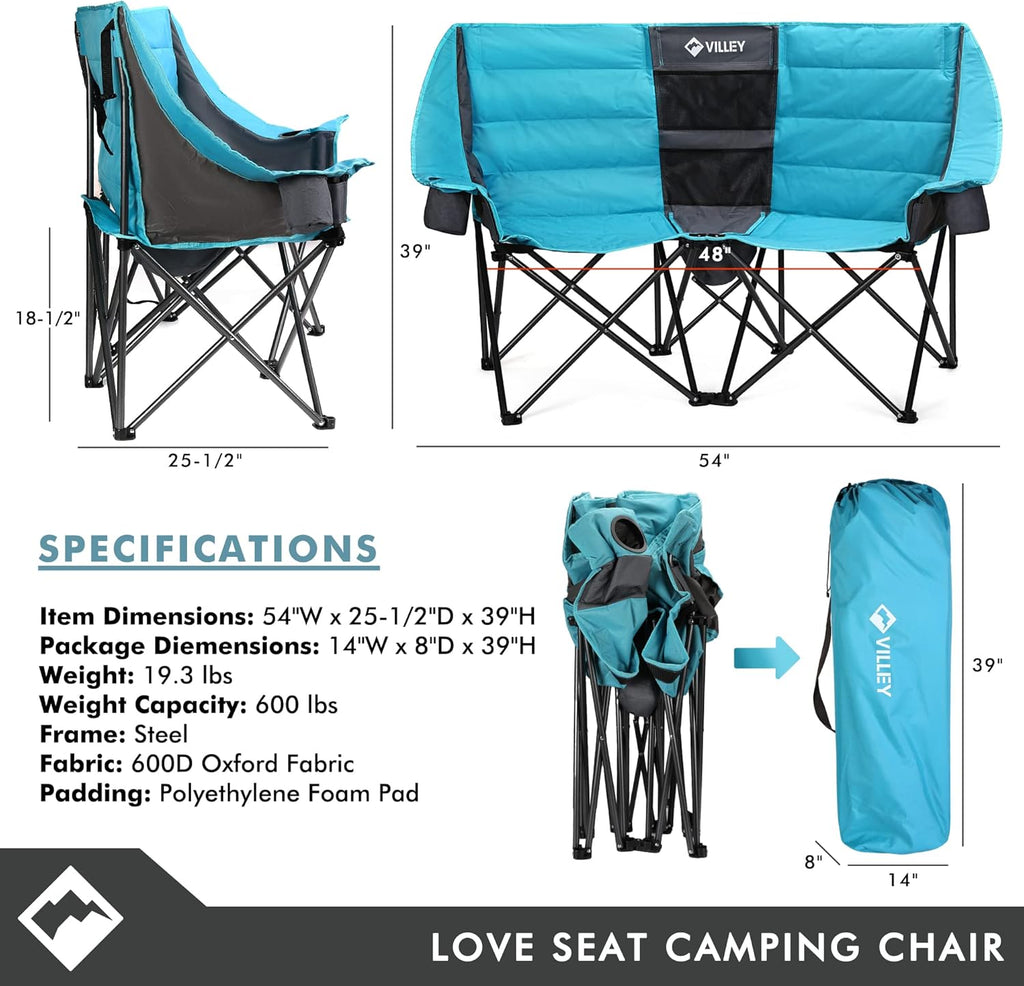 Double camping chair (with cooler bag), extra wide love seat, heavy duty padded camping sofa, portable folding chair wourant