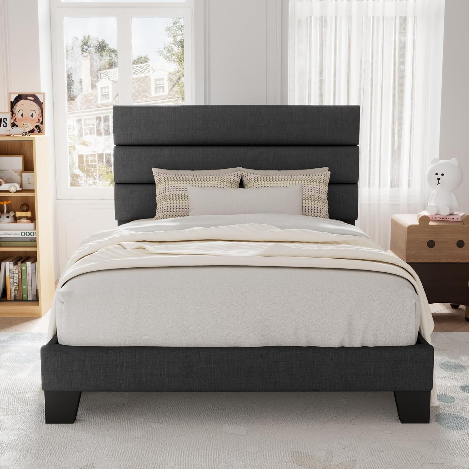 Allewie Queen Size Platform Bed Frame Fabric Upholstered Headboard Wooden Slats Support wourant