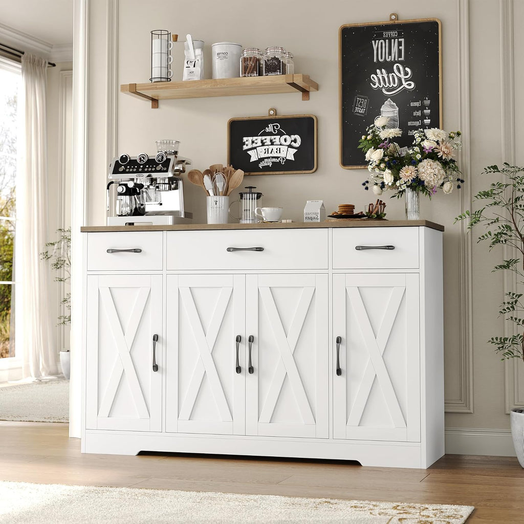HOSTACK Buffet Cabinet with Drawers, 55" Large Sideboard Buffet Storage Cabinet with Shelves and Doors, Modern Farmhouse Coffee Bar Station Wood Kitchen Table for Kitchen, Dining Room, White/Rustic wourant