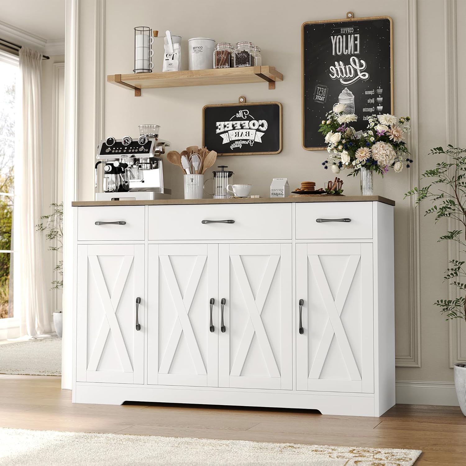 Sideboard with drawers, large 55-inch sideboard, sideboard storage with shelves and doors, modern farmhouse coffee bar wood kitchen dining table wourant