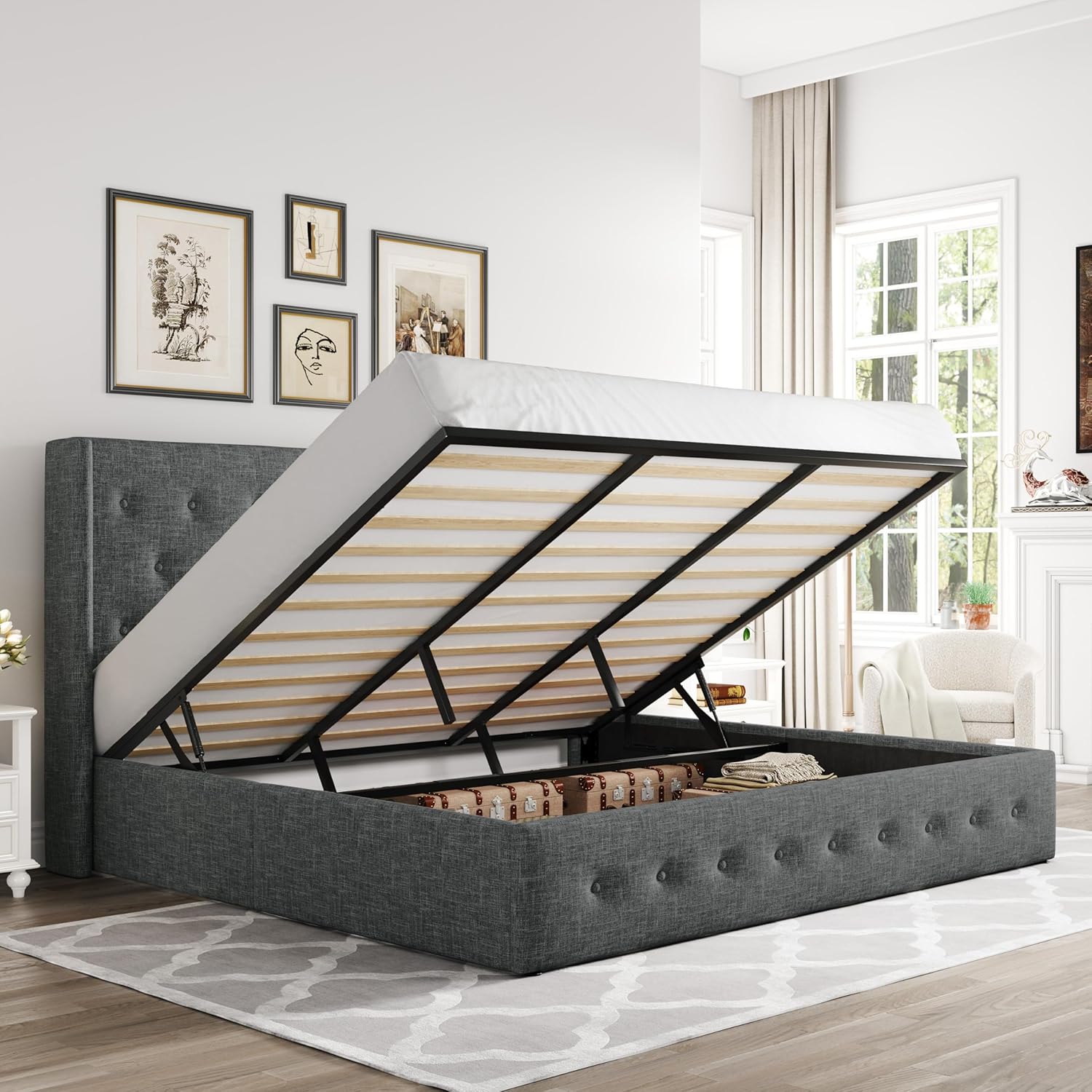 Allewie Queen Size Lift Up Storage Bed Modern Wingback Headboard Hydraulic Support wourant