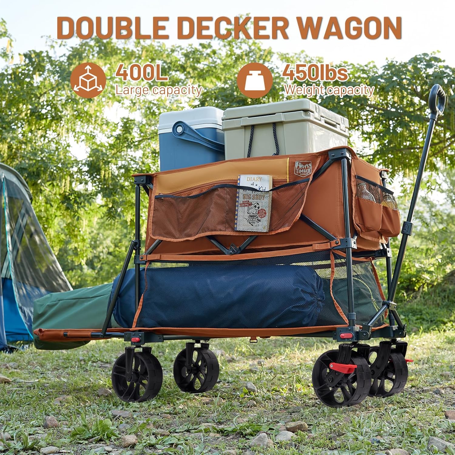 400L Large Capacity Folding Double Decker Cart with Brakes 54 Inch Extra Long Extended Cart wourant