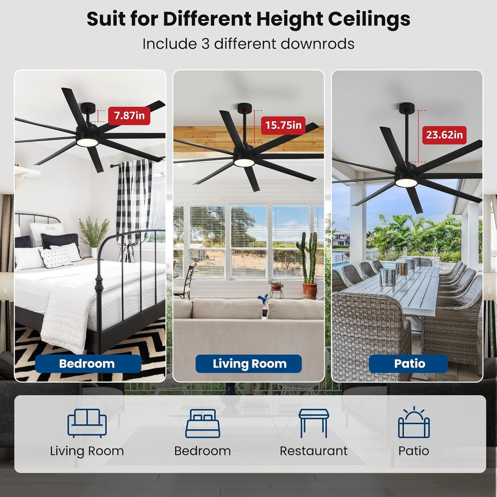 Modern Ceiling Fans with Lights, 72 Inch Ceiling Fan with Light and Remote, Bedroom Living Room Library Cafe Outdoor/Industrial,24W 3CCT Dimmable, 8 Blades 6 Speed Reversible Quiet DC Motor, Black wourant