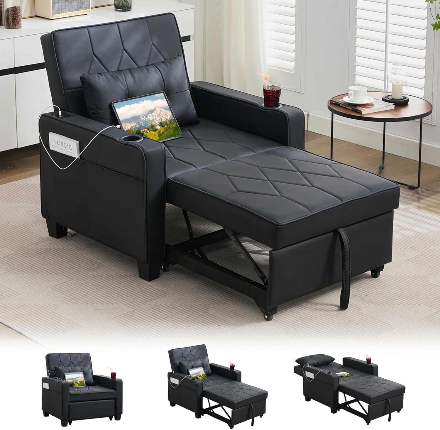 Adult Convertible Sleeper Chair Bed, 3-in-1 Pull-Out Sofa Bed with USB/Type-C Ports, Cup Holders, Side Pockets, Single Sofa wourant