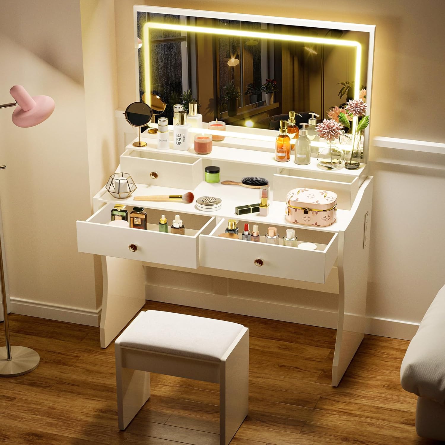 COMHOMA Makeup Vanity Desk with Mirror and Lights, Vanity Table and Chair Set wourant