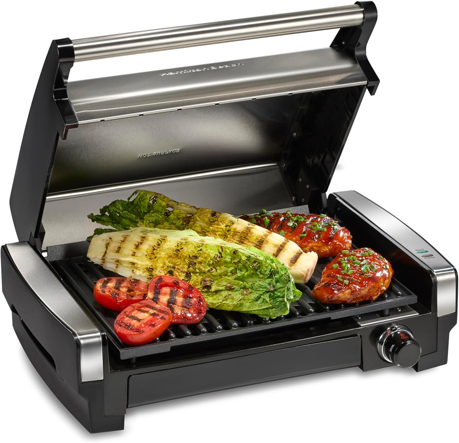 Electric Indoor Searing Grill with Viewing Window & Adjustable Temperature Control to 450F, 118 sq. in. Surface Serves 6, PFAS-Free Removable Nonstick Grate, Stainless Steel wourant