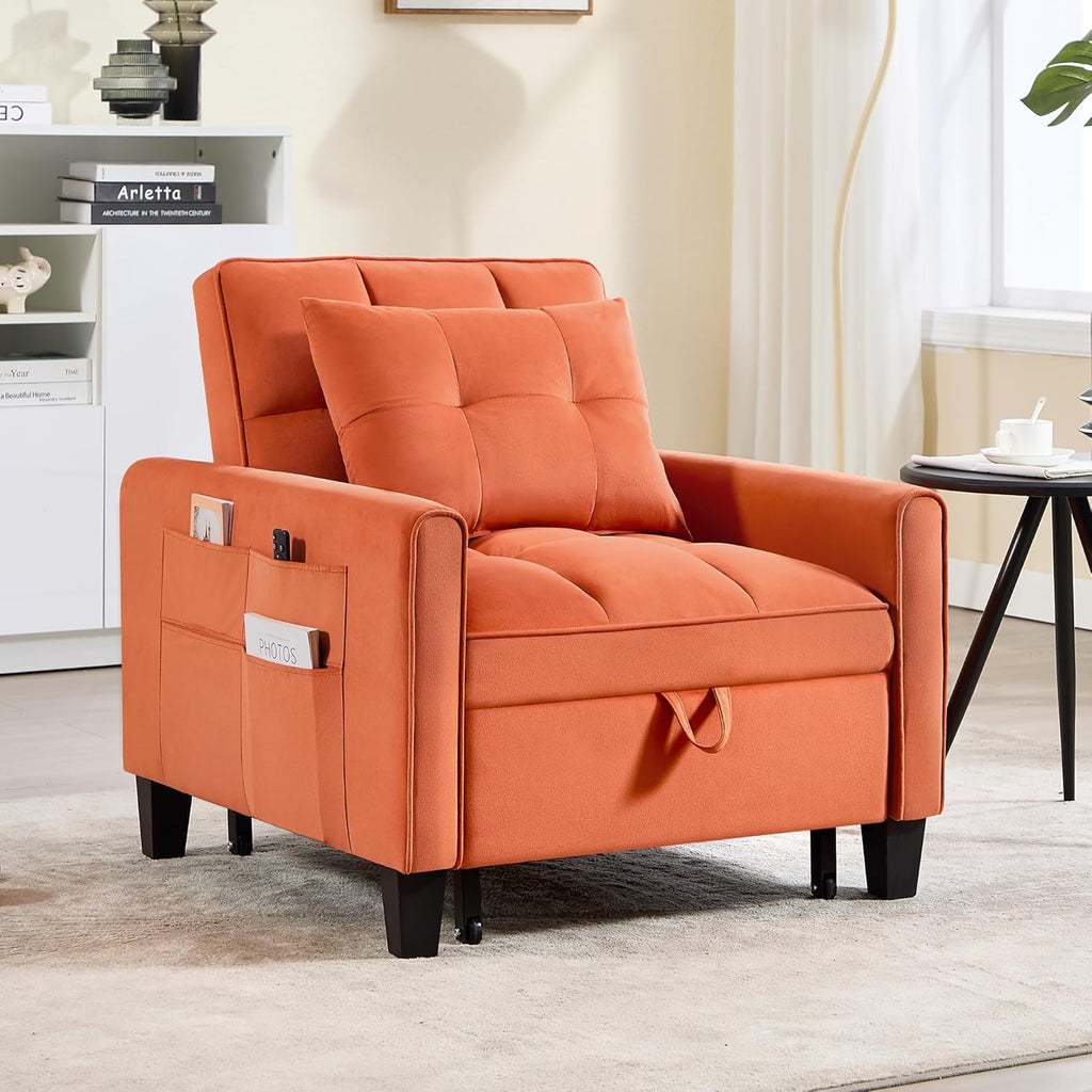 Convertible Sleeper Chair, 3 in 1 Sleeper Chair Bed Pull Out Sofa Bed Chairs, Velvet Single Sofa with Adjustable Backrest wourant