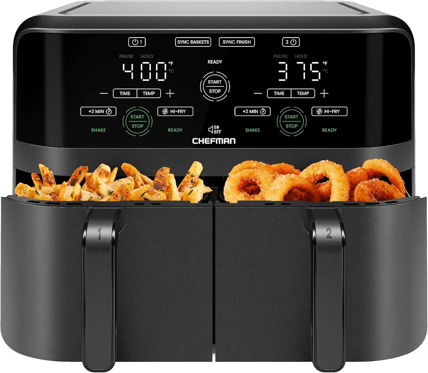 Chefman 6 Quart Dual Basket Air Fryer - Digital Touchscreen, Smart Sync Finish, Hi-Fry, Auto Shutoff, 2 Independent 3QT Nonstick Dishwasher-Safe Frying Baskets - Digital Double Air Fryer - Black wourant