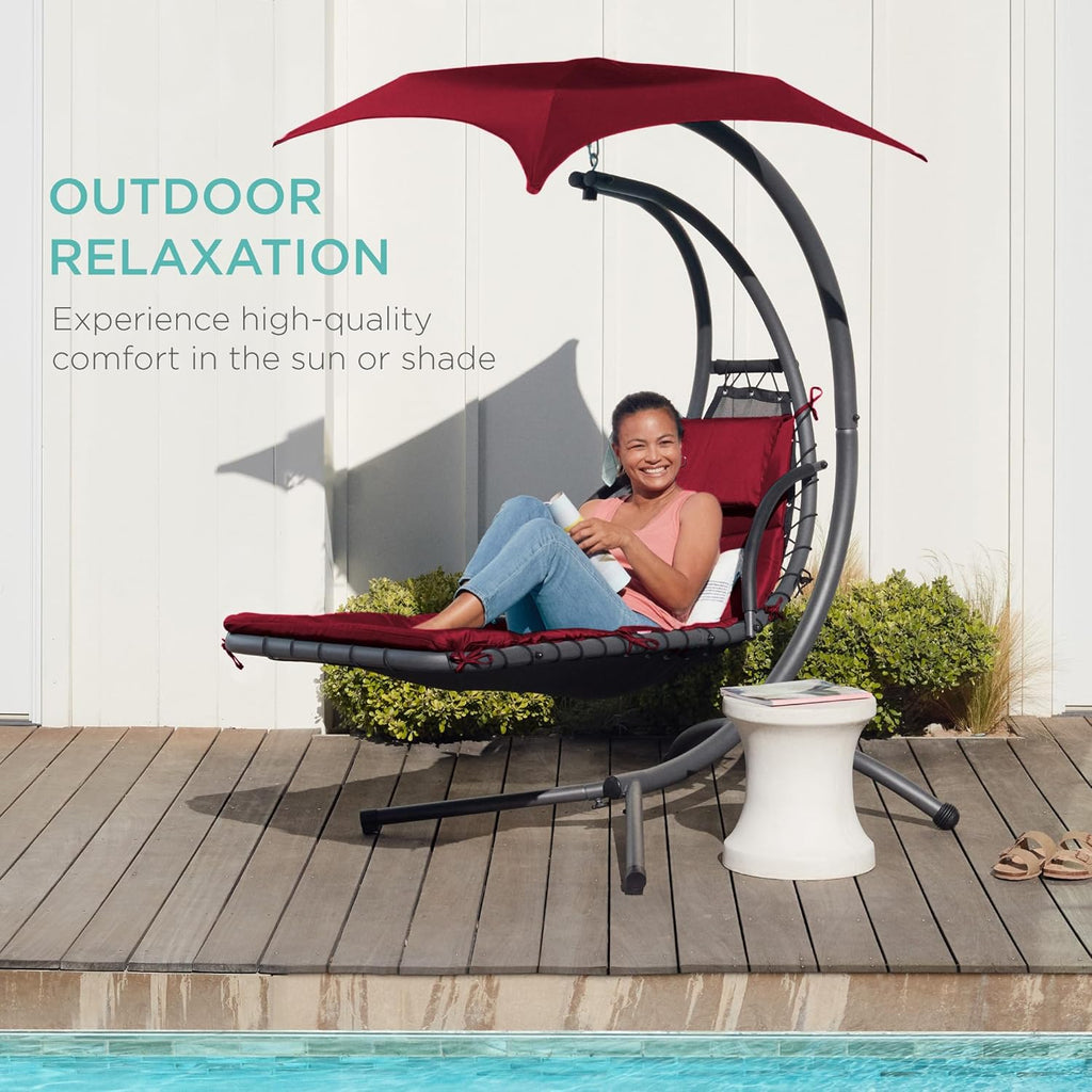 Best Choice Products Outdoor Hanging Curved Steel Chaise Lounge Chair Swing w/Built-in Pillow and Removable Canopy - Charcoal Gray wourant