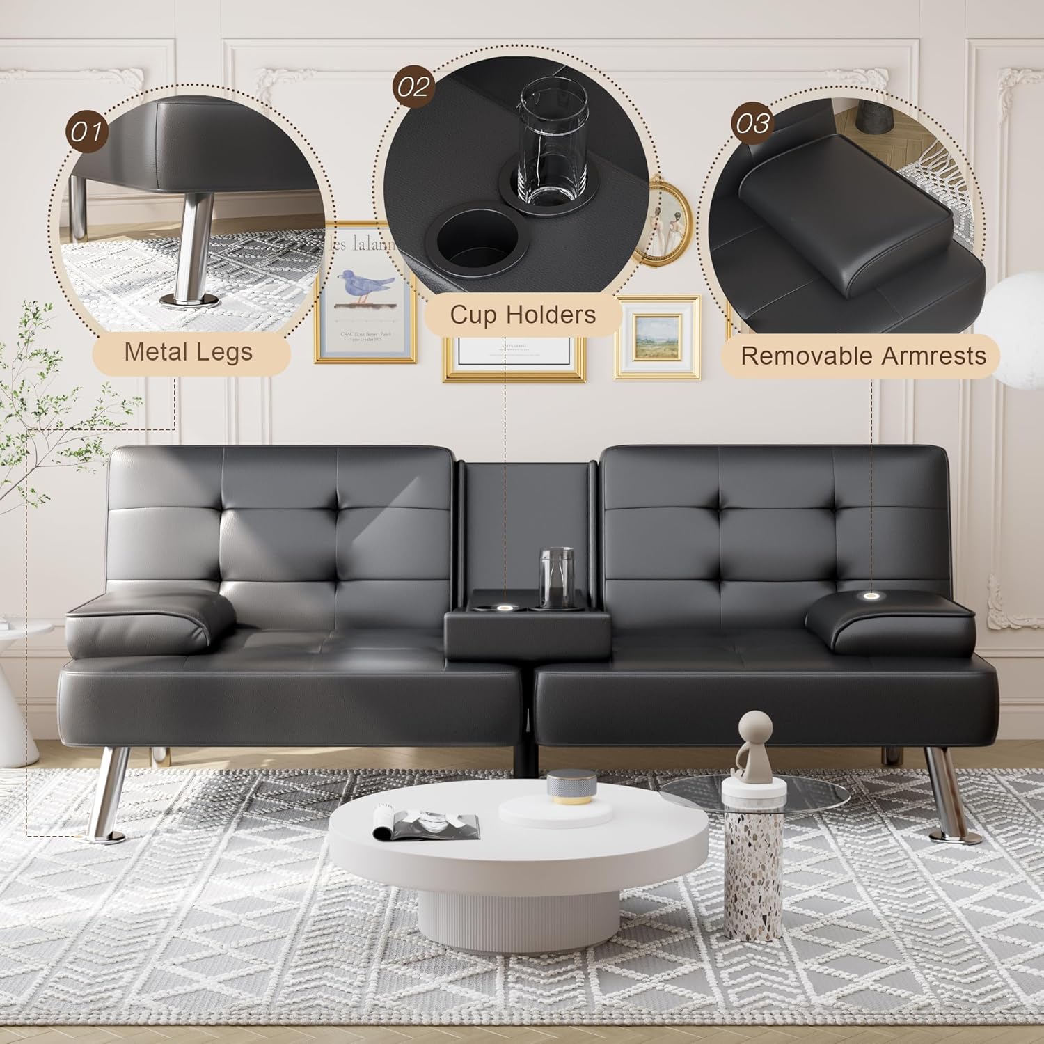 Shahoo Convertible Folding Futon Sofa Bed Sleeper Couch for Living Room Faux Leather wourant