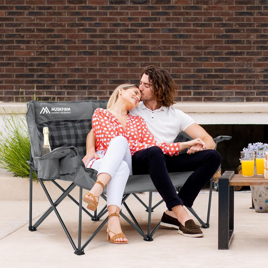 Double Camping Chairs Padded Loveseat Chair for 2 Person - Heavy Duty Oversized Camping Couch for Adults Outdoor Lawn Beach - Portable Folding Sofa with Cup Holders and Carry Bag, Grey wourant