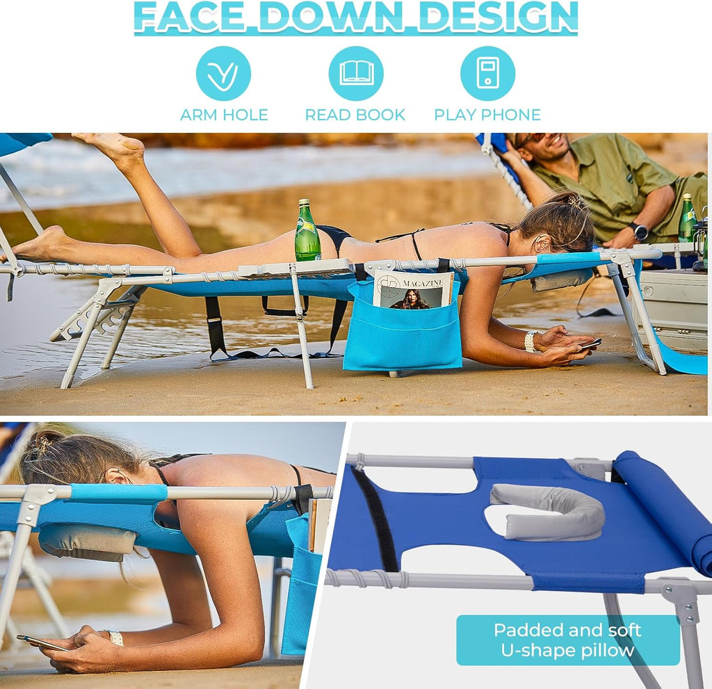 2 Pack Outdoor Chaise Lounge Chair - Portable Folding Patio Pool Lounge Chair, 5 Positions Adjustable Reclining Camping Chair with Side Table,Shoulder Strap, Pillow for Beach Sunbathing Lawn wourant