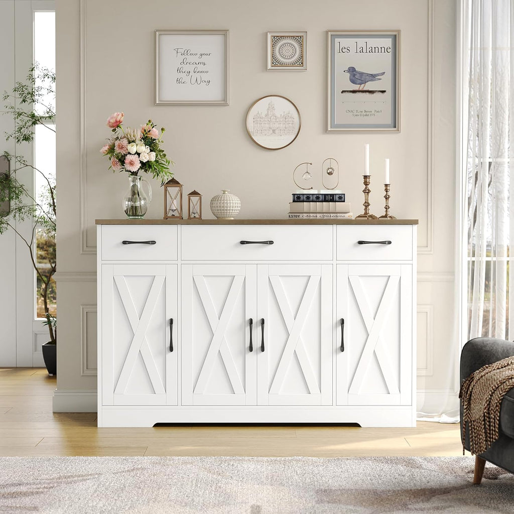 HOSTACK Buffet Cabinet with Drawers, 55" Large Sideboard Buffet Storage Cabinet with Shelves and Doors, Modern Farmhouse Coffee Bar Station Wood Kitchen Table for Kitchen, Dining Room, White/Rustic wourant