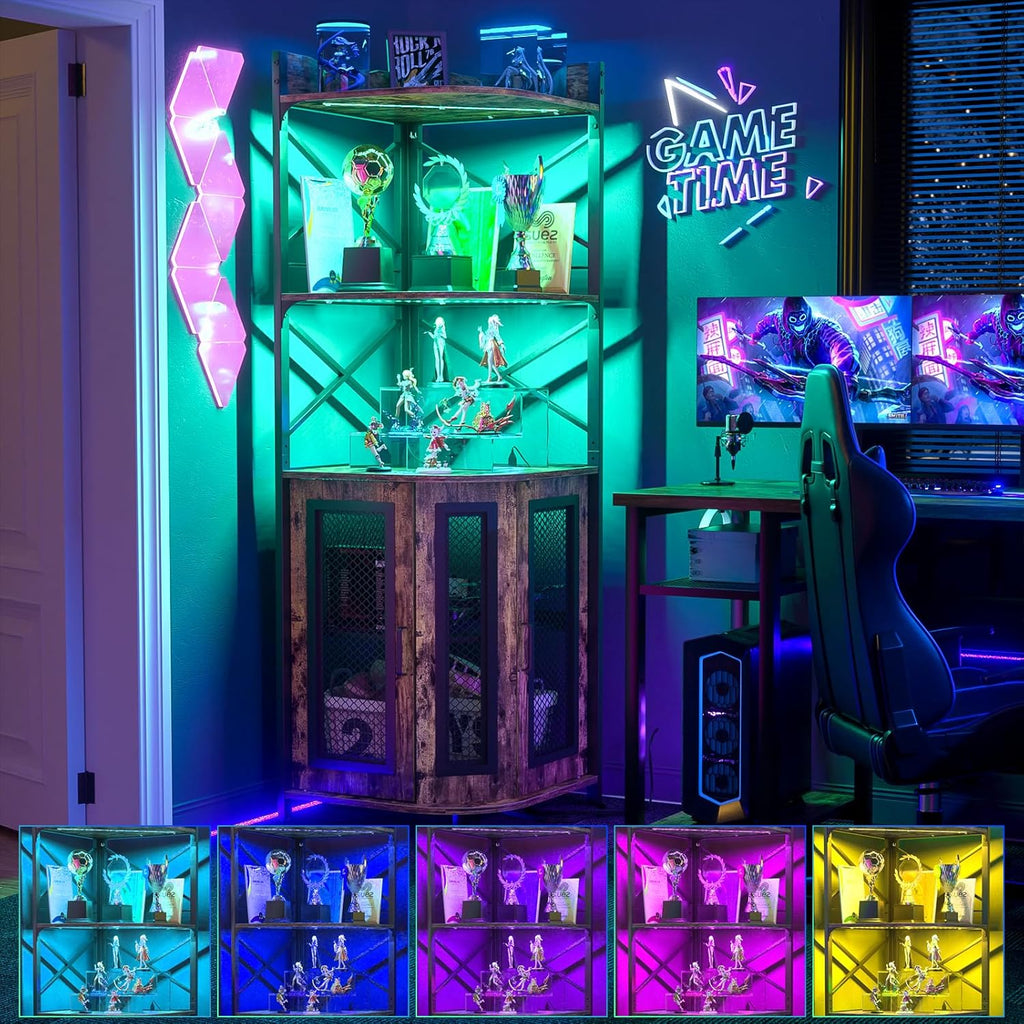Corner bar cabinet with power socket, industrial style wine cabinet with LED light strip and glass rack, home five-layer wine cabinet bar unit, small space corner display cabinet wourant