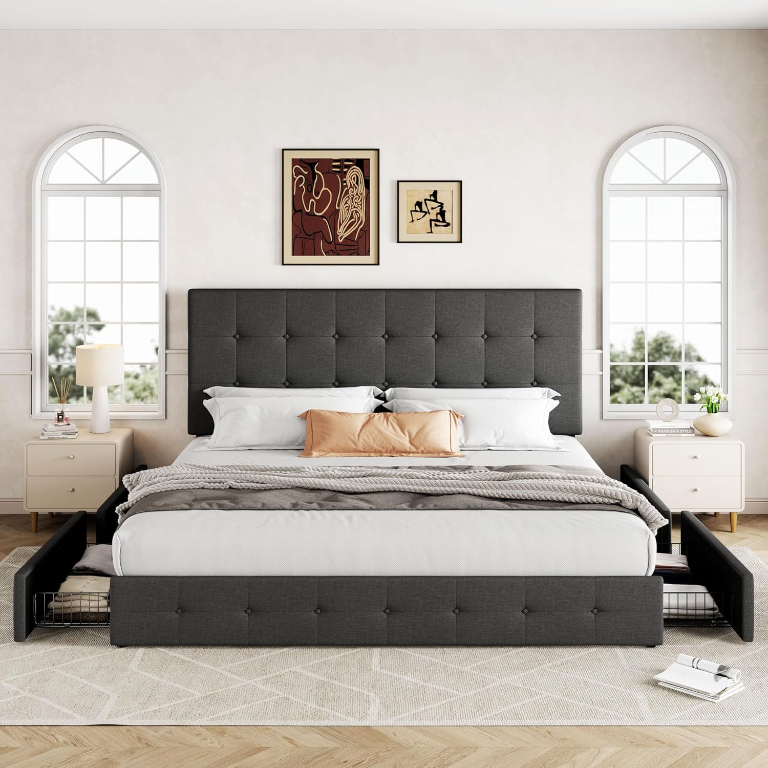 Allewie Upholstered Queen Size Platform Bed Frame with 4 Storage Drawers and Headboard wourant