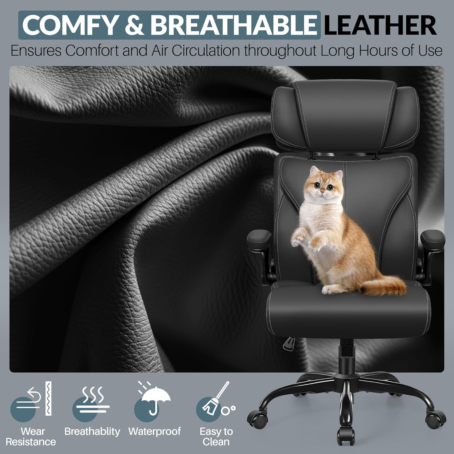 Office Chair Large High-Foot Computer Desk Chair, Breathable Leather Chair Lumbar Support Rotating Computer Chair wourant