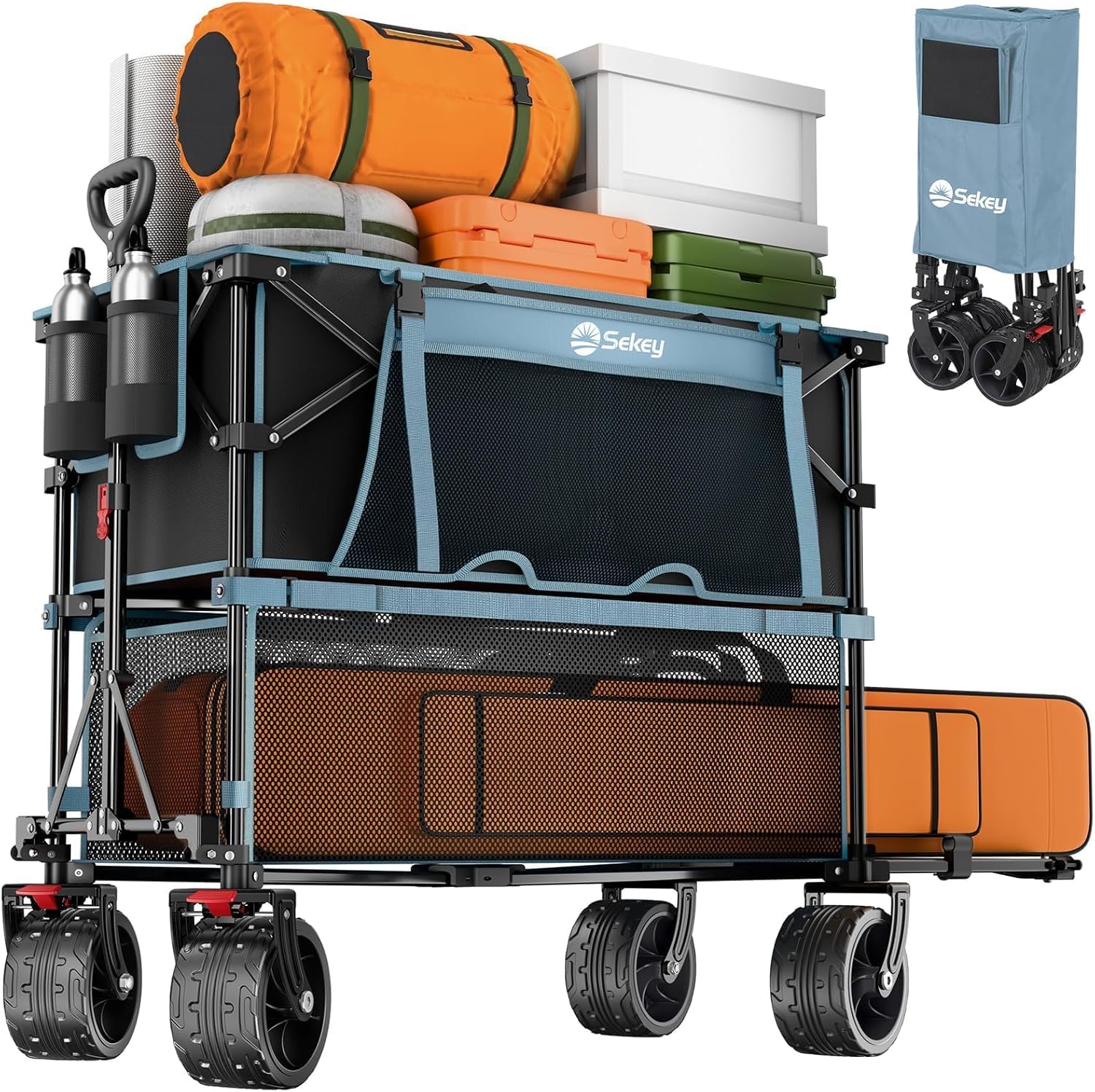 400L Large Capacity Folding Double Decker Wagon with Brakes, 50" Extra Long Extender Cart, 500lbs Heavy Duty Collapsible Wagons wourant