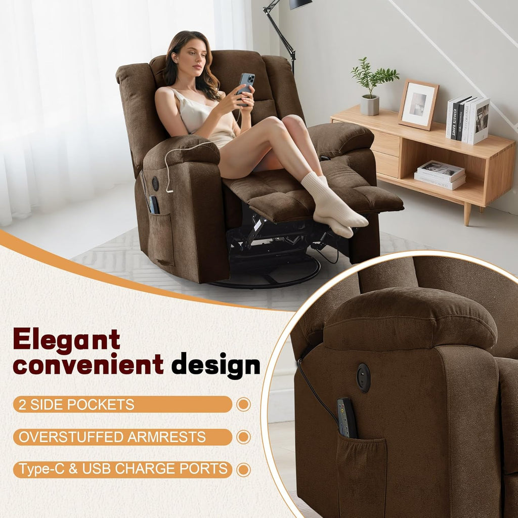 Rocker Recliner, Glider Recliner Chairs for Adults, 360° Swivel Rocking Chair with Massage and Heating, Nursery Chair with Storage and USB Charging for Living Room, Bedroom, Nursery wourant