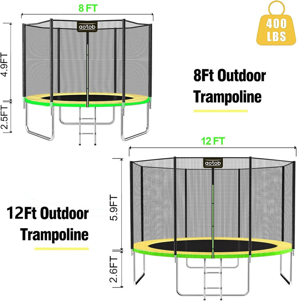 AOTOB 8FT 10FT 12FT 14 FT 15FT Trampoline with Safety Enclosure Net，Outdoor Trampoline with Basketball Hoop, Heavy Duty Jumping Mat and Spring Cover Padding for Kids and Adults, Storage Bag and Ladder wourant
