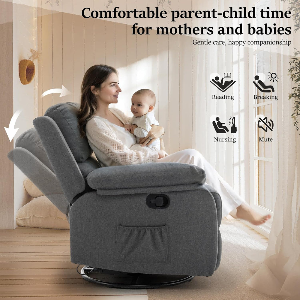 Reclining rocking chair 360 degree rotating fabric sliding reclining chair wourant