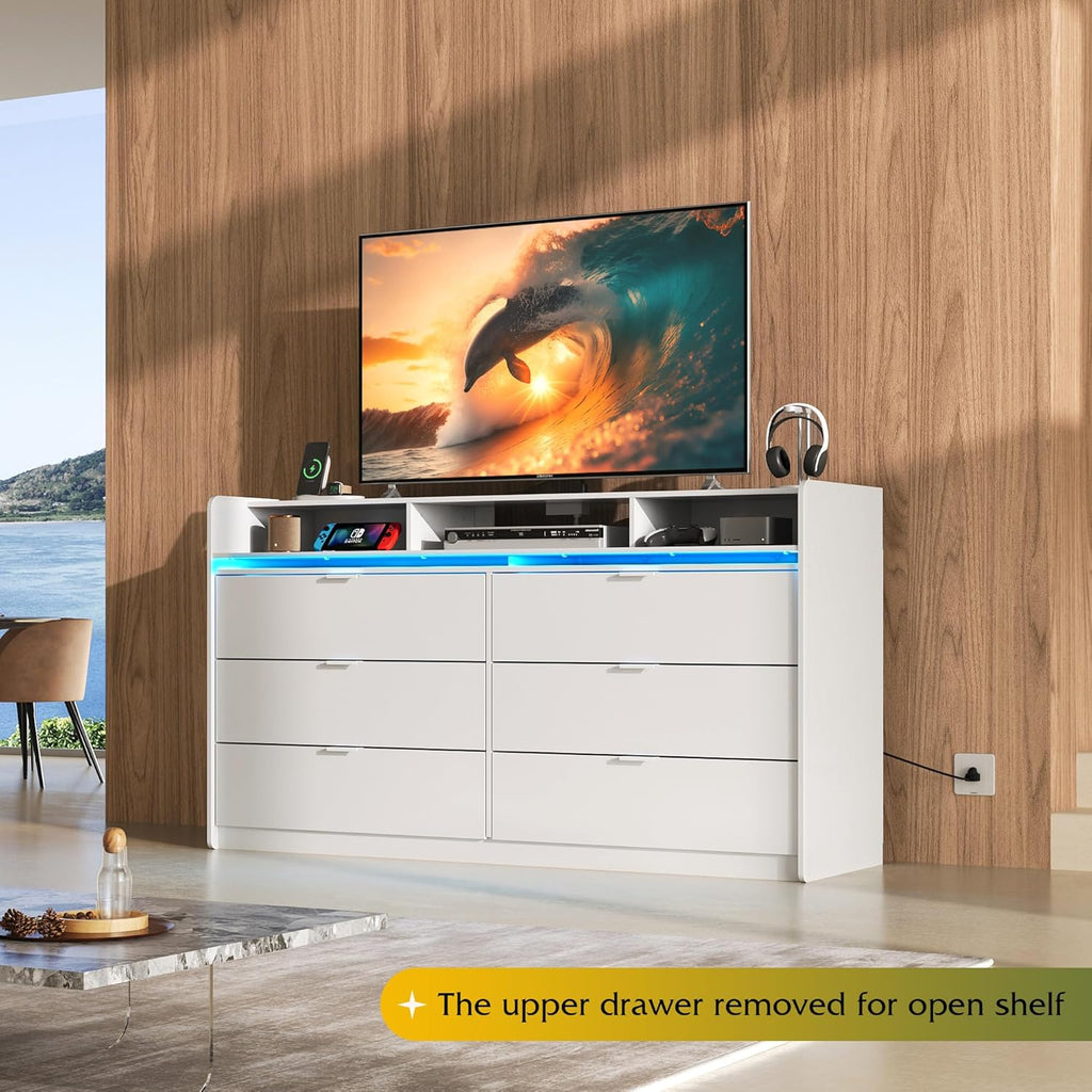 9 Drawer Led Dresser for Bedroom, 58.35'' Wide Wood Dresser Storage Organizer with Power Outlets for 65'' TV, Dressers with Open Shelves wourant