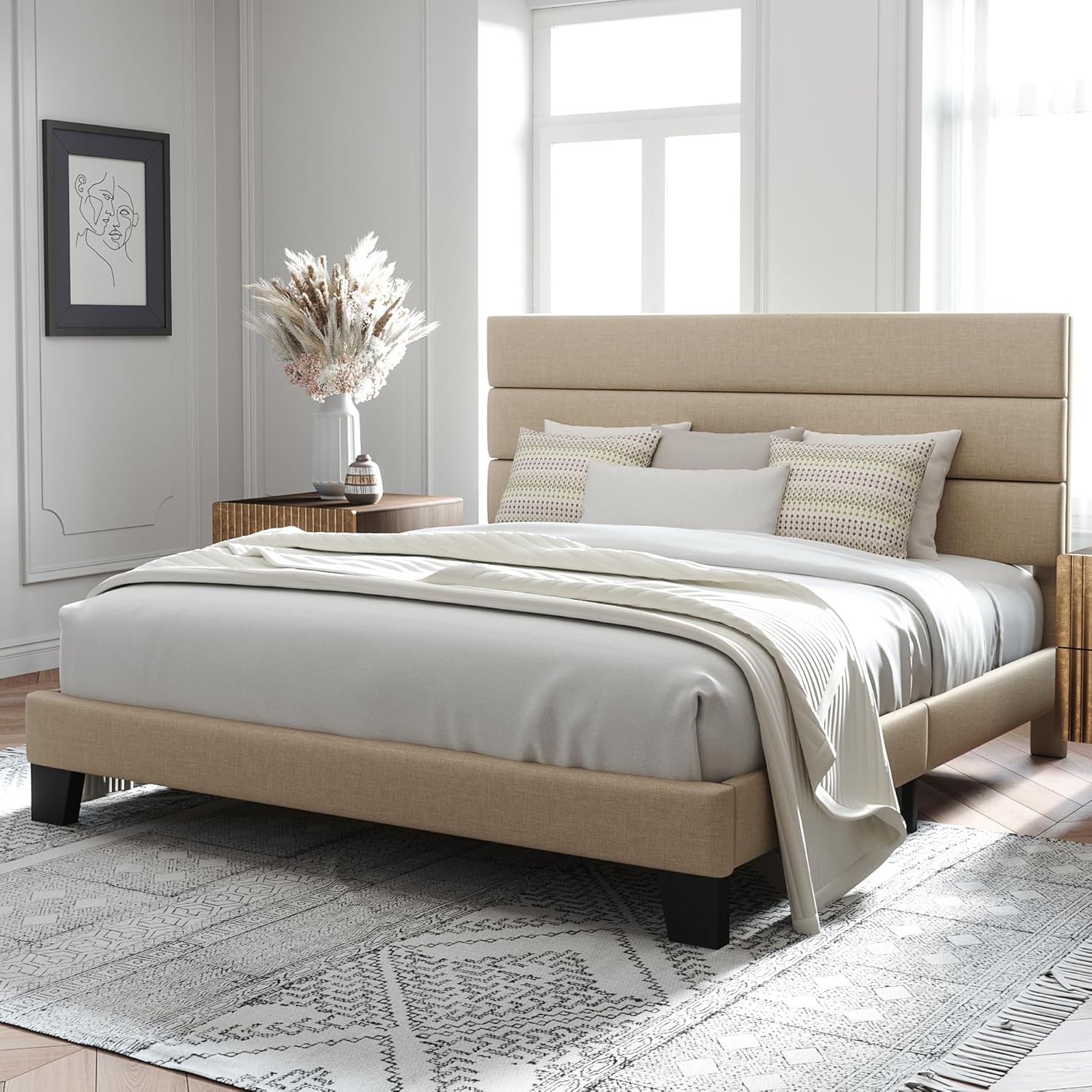 Allewie Queen Size Platform Bed Frame Fabric Upholstered Headboard Wooden Slats Support wourant