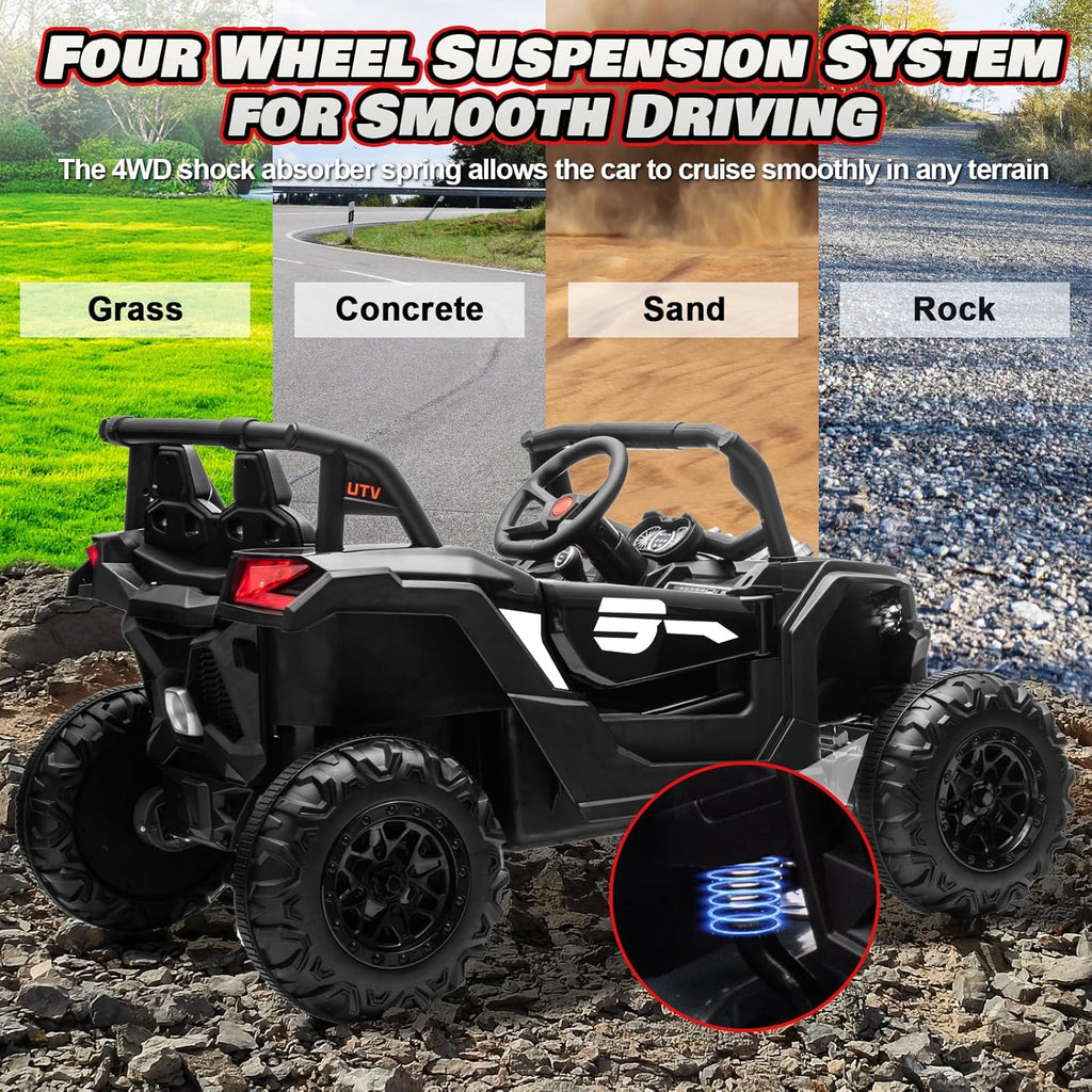 JOYRACER Kids Remote Control Car with 4 x 150W Motors, Shock Absorbers, Bluetooth, MP3 Player, and Headlights wourant
