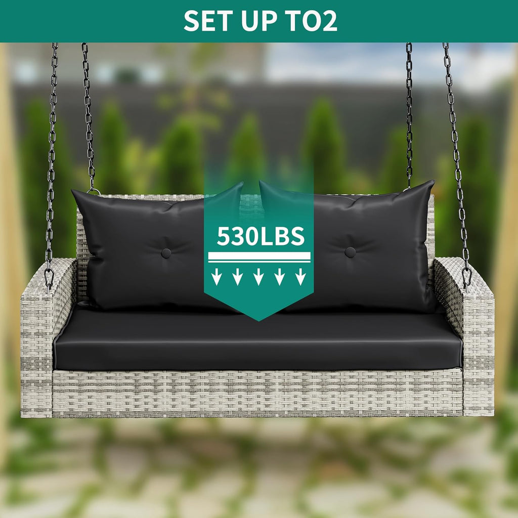 YITAHOME Hanging Porch Swing Chair Sits 3 People, Wicker Outdoor Swing Bench, Patio Lounge Chair, 1 Seating Cushion and 3 Back Cushions, w/Removable Covers, for Garden, Balcony, Backyard, Brown wourant