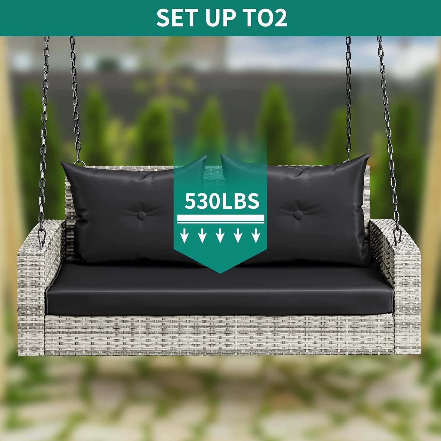 YITAHOME Hanging Porch Swing Chair Sits 3 People, Wicker Outdoor Swing Bench, Patio Lounge Chair, 1 Seating Cushion and 3 Back Cushions, w/Removable Covers, for Garden, Balcony, Backyard, Brown wourant