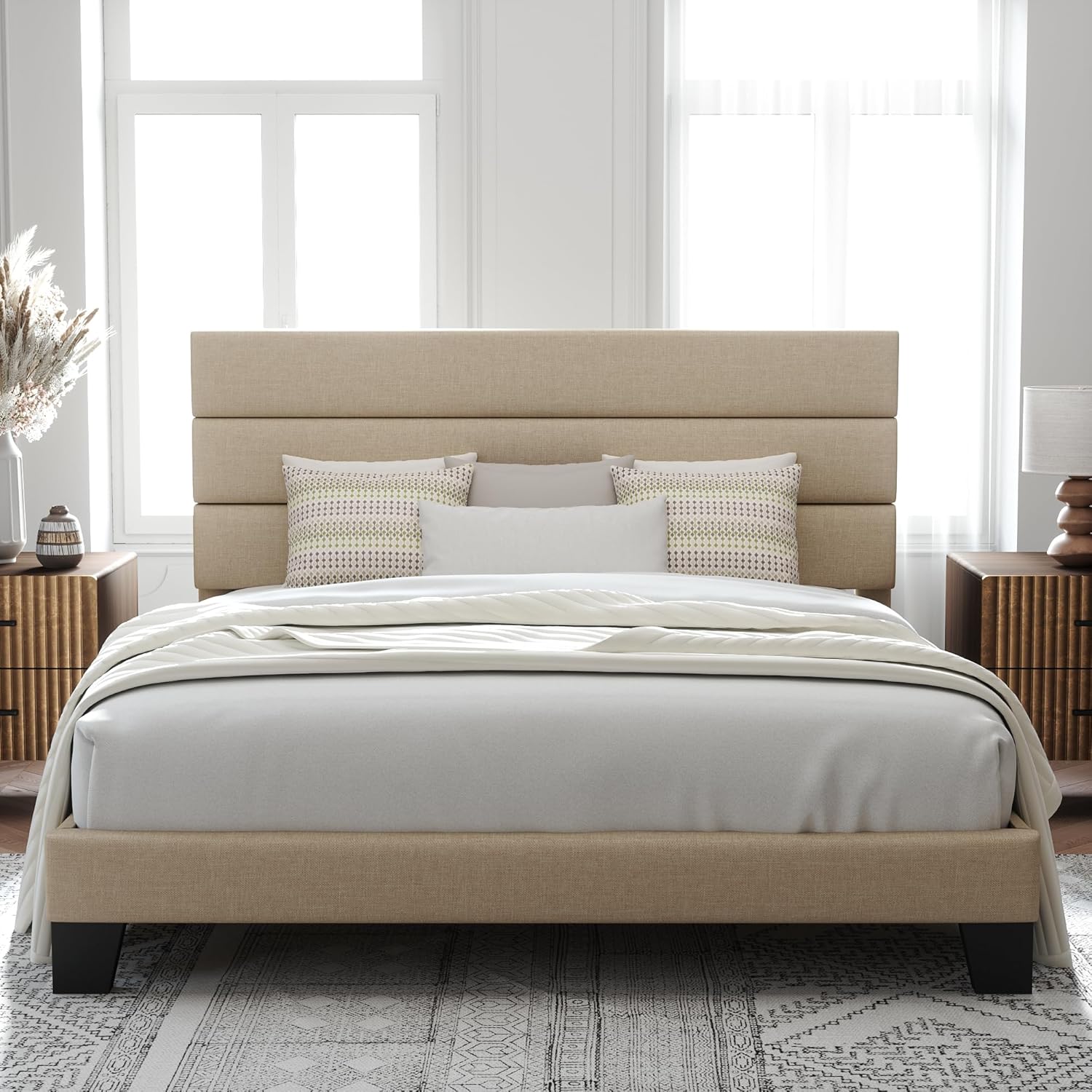 Allewie Queen Size Platform Bed Frame Fabric Upholstered Headboard Wooden Slats Support wourant