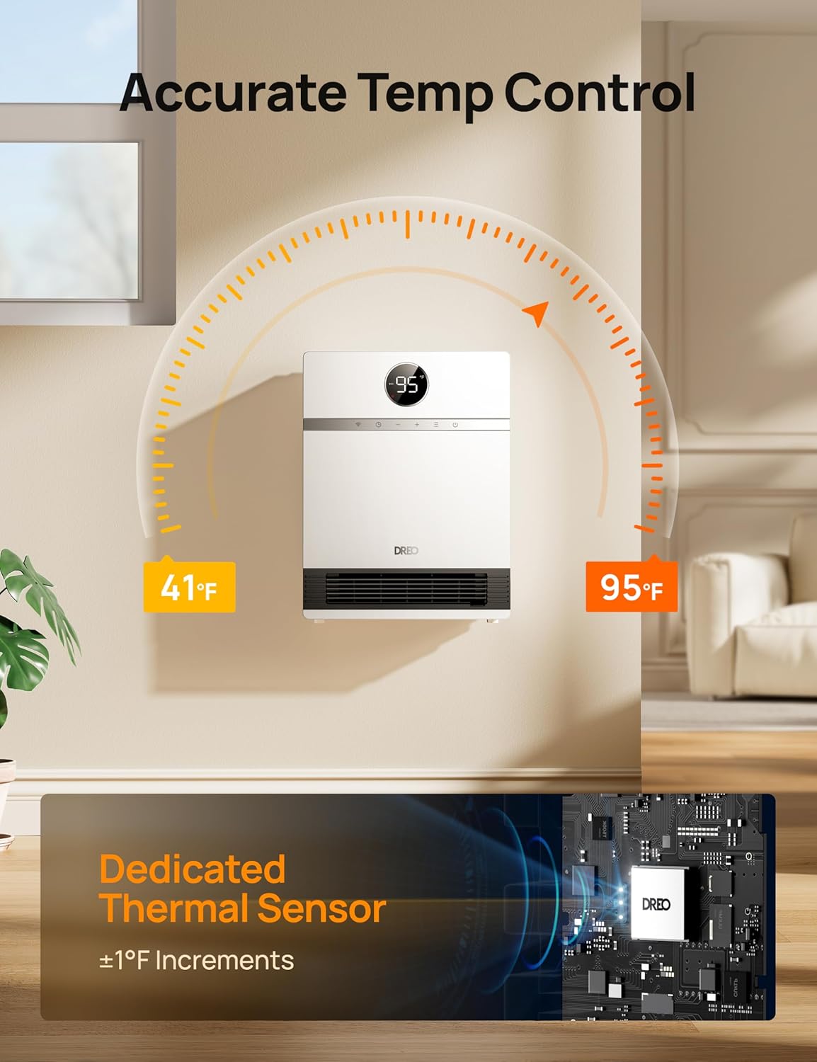 Dreo Smart Wall Heater, IP24 Electric PTC Space Heaters for Indoor Use, 30° Oscillation, Adjustable Thermostat, Remote Control, Works with Alexa, 24H Timer, Easy-mounted for Bedroom, Office, Home wourant