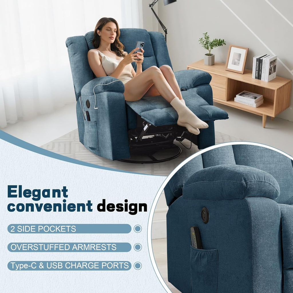 Rocker Recliner, Glider Recliner Chairs for Adults, 360° Swivel Rocking Chair with Massage and Heating, Nursery Chair with Storage and USB Charging for Living Room, Bedroom, Nursery wourant