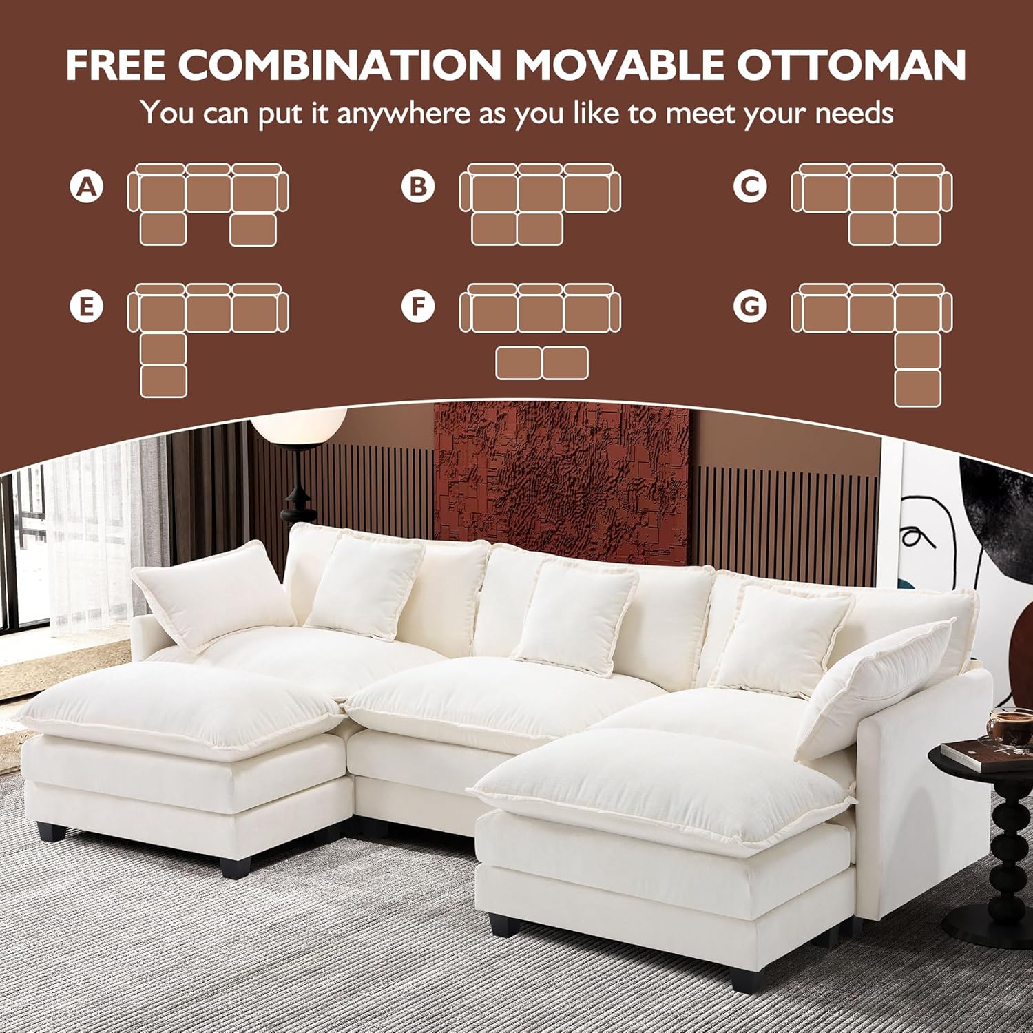 111.4 Inch L-Shaped Modern Sofa Modular Cloud Sofa Ottoman 4-Seater Chenille Deep Seat Sofa wourant