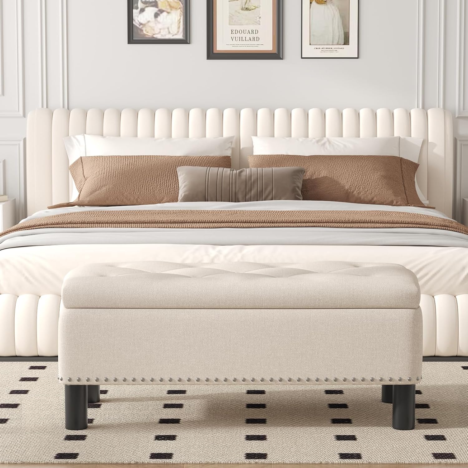 Furniliving Modern Storage Ottoman Bench, Sherpa Ottoman End of Bed Bench with Solid Wood Legs Upholstered Ottoman Benches with Storage Indoor Bench wourant