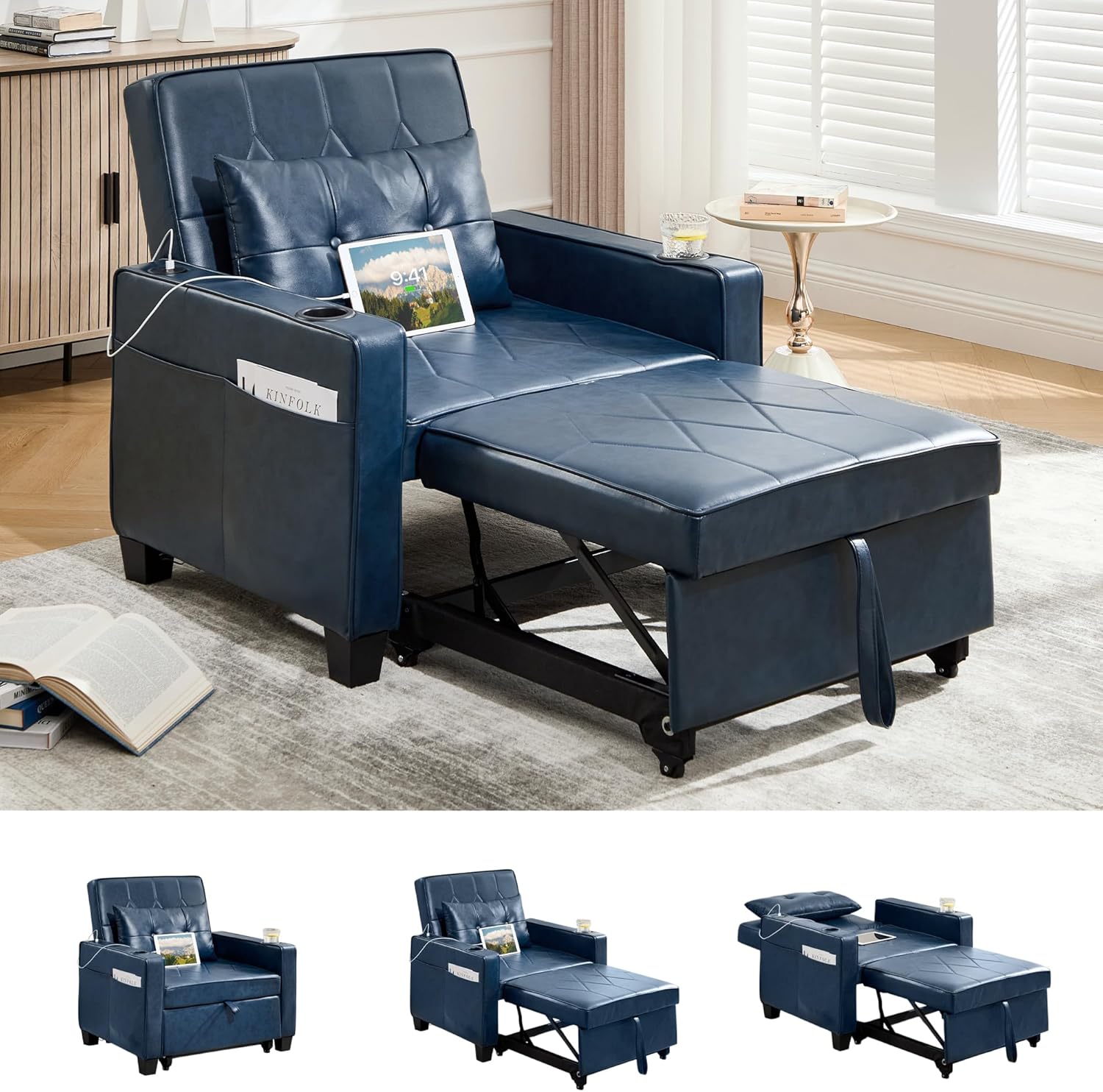 Adult Convertible Sleeper Chair Bed, 3-in-1 Pull-Out Sofa Bed with USB/Type-C Ports, Cup Holders, Side Pockets, Single Sofa wourant