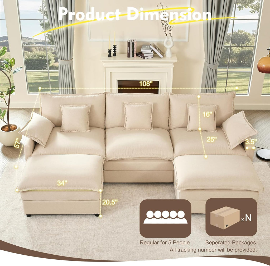108 Inch U Shape Sofa Sectional Sofa Comfortable Cloud Sofa with Removable Footstool wourant