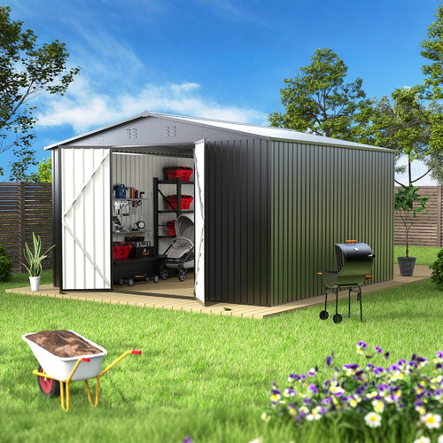 14 x 12 ft Outdoor Storage Shed, Metal Waterproof Storage Shed Steel Utility Garden Tool Shed wourant